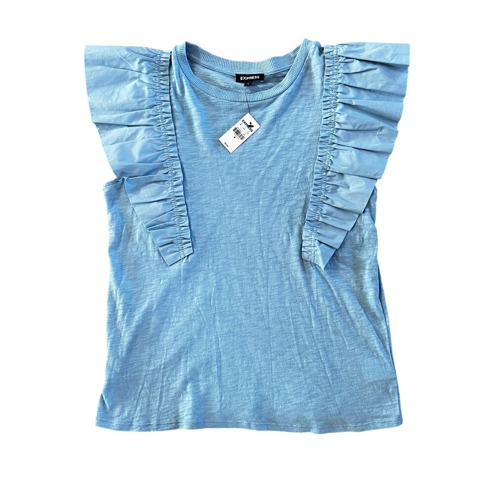 Express Ruffled Blue Flutter Sleeve Slub Knit Top NWT | Women's Medium